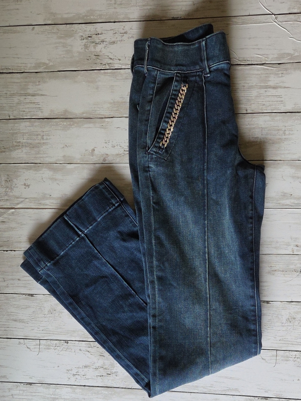 White House Black Market Men's Dark Blue Slim Straight Jeans with Chain Detail